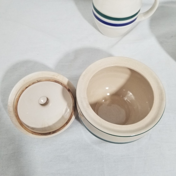 VTG cream with green and blue strip sugar, creamer and bowl set. - Picture 5 of 10